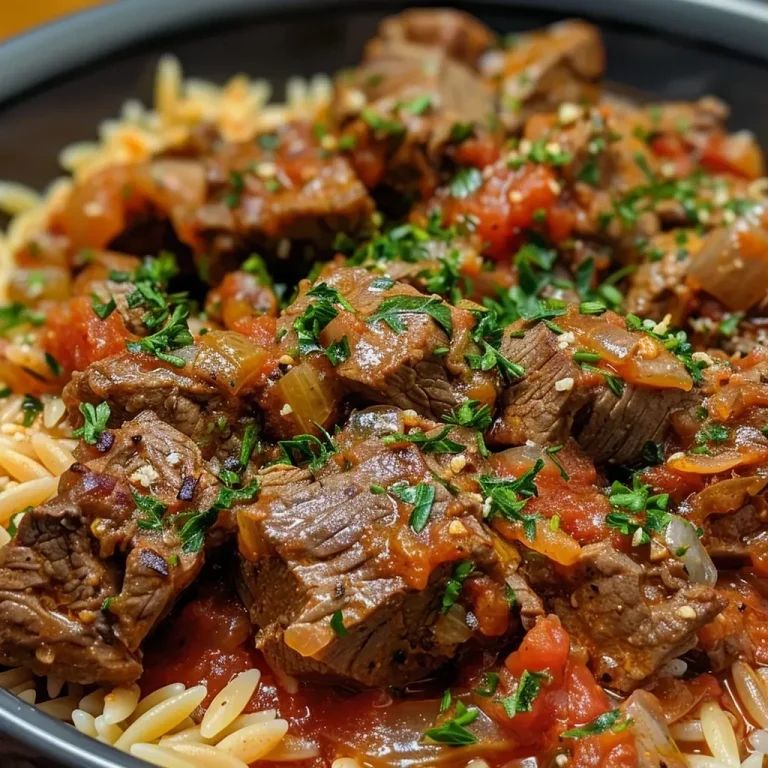 ['A close-up of Beef Giouvetsi featuring tender beef, orzo pasta, and a rich tomato sauce.', 'Side view of a bowl of Beef Giouvetsi, showcasing juicy beef, orzo, and herbs.', 'Detailed image of Beef Giouvetsi with visible ingredients like orzo, beef chunks, and cheese.', 'Close-up shot of a delicious Beef Giouvetsi dish, garnished with parsley and cheese.']
