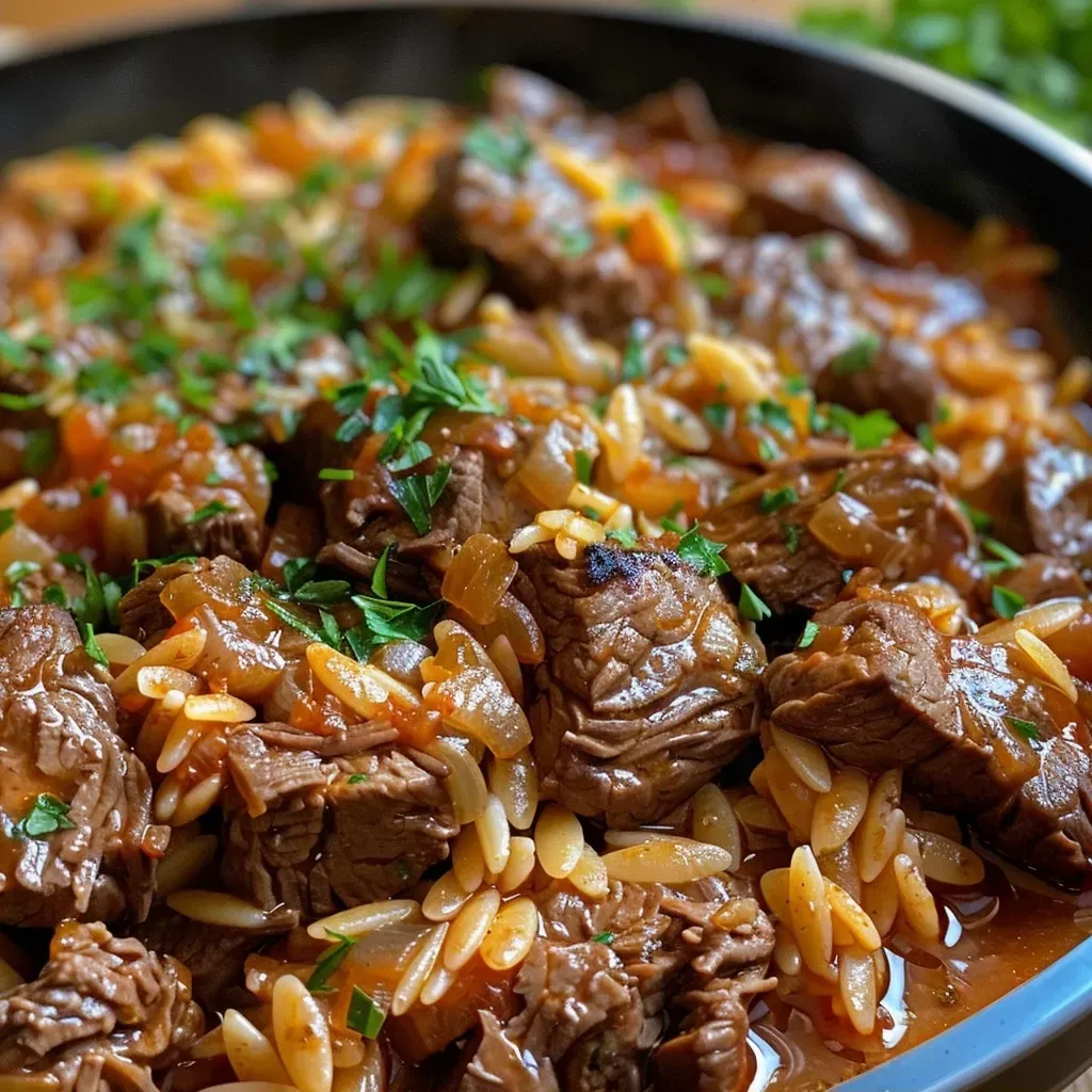 ['A close-up of Beef Giouvetsi featuring tender beef, orzo pasta, and a rich tomato sauce.', 'Side view of a bowl of Beef Giouvetsi, showcasing juicy beef, orzo, and herbs.', 'Detailed image of Beef Giouvetsi with visible ingredients like orzo, beef chunks, and cheese.', 'Close-up shot of a delicious Beef Giouvetsi dish, garnished with parsley and cheese.']