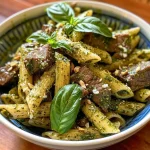 ['Close-up side view of Beef Pesto Pasta with vibrant basil and pistachios.', 'Juicy Beef Pesto Pasta garnished with fresh basil and cheese on a plate.', 'A colorful bowl of Beef Pesto Pasta featuring strips of beef and green pesto.', 'Side view of a satisfying Beef Pesto Pasta dish, showcasing herbs and pasta.']