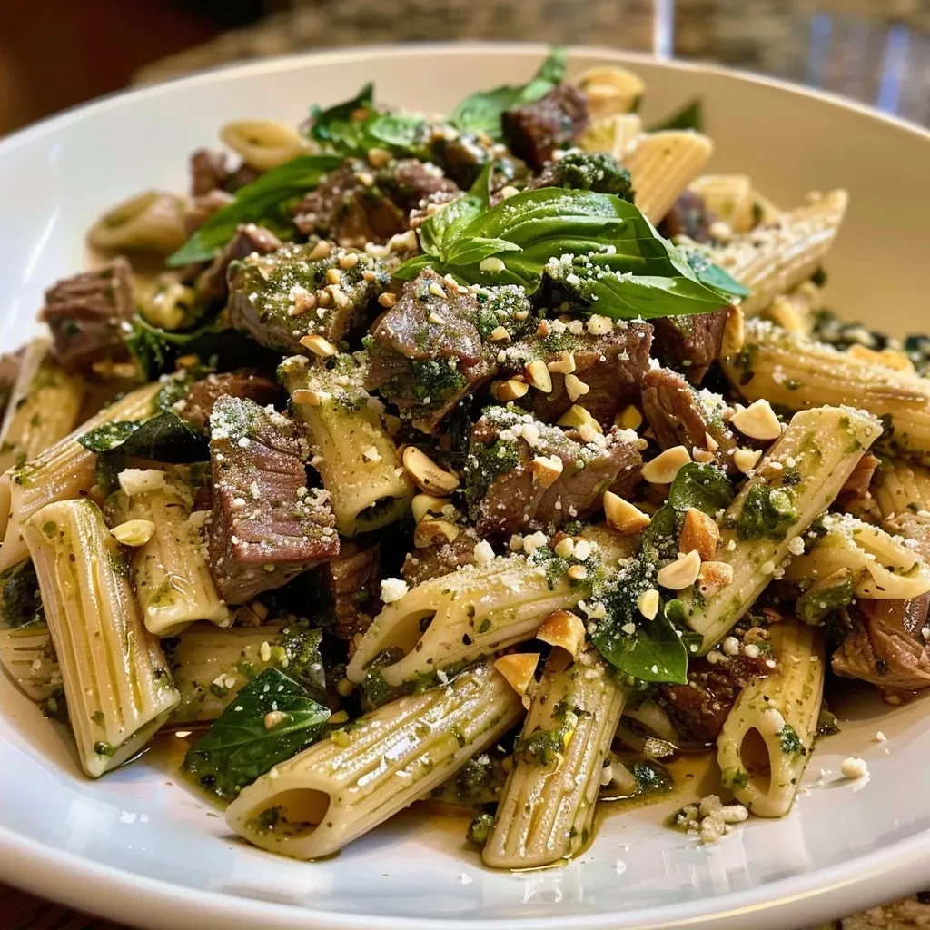 ['Close-up side view of Beef Pesto Pasta with vibrant basil and pistachios.', 'Juicy Beef Pesto Pasta garnished with fresh basil and cheese on a plate.', 'A colorful bowl of Beef Pesto Pasta featuring strips of beef and green pesto.', 'Side view of a satisfying Beef Pesto Pasta dish, showcasing herbs and pasta.']