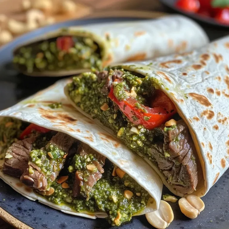 ['Close-up view of a beef pesto wrap filled with colorful vegetables and sliced beef.', 'Side view of a juicy beef pesto wrap showcasing fresh ingredients and tortilla.', 'Detailed image of a beef pesto wrap with vibrant red peppers and greens.', 'Tortilla wrap filled with beef, pesto, and assorted vegetables on a plate.']