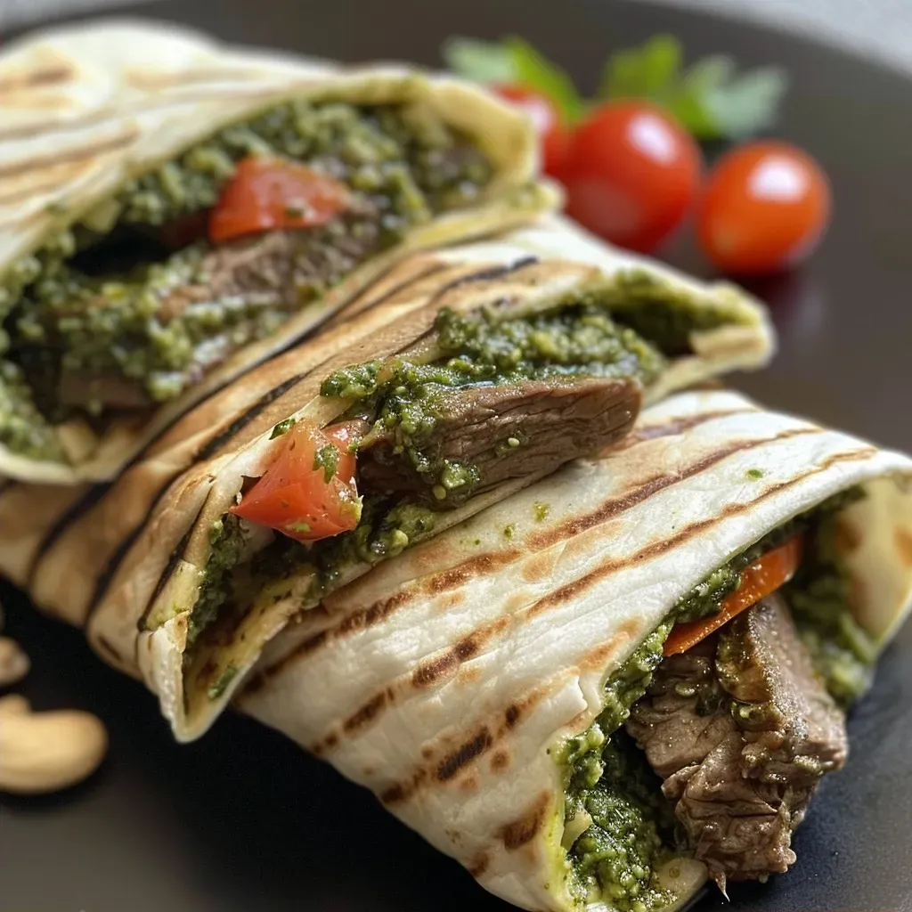 Close-up view of a beef pesto wrap filled with colorful vegetables and sliced beef.
