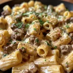 ['A close-up view of beef with rigatoni pasta in a creamy garlic sauce, garnished with fresh parsley.', 'Juicy beef pieces mixed with al dente rigatoni pasta, bathed in a rich creamy garlic sauce.', 'Delicious plate of pasta with beef and creamy garlic sauce, showcasing a side view with vibrant colors.', 'A mouthwatering dish featuring rigatoni and beef in a creamy garlic sauce, topped with parsley.']