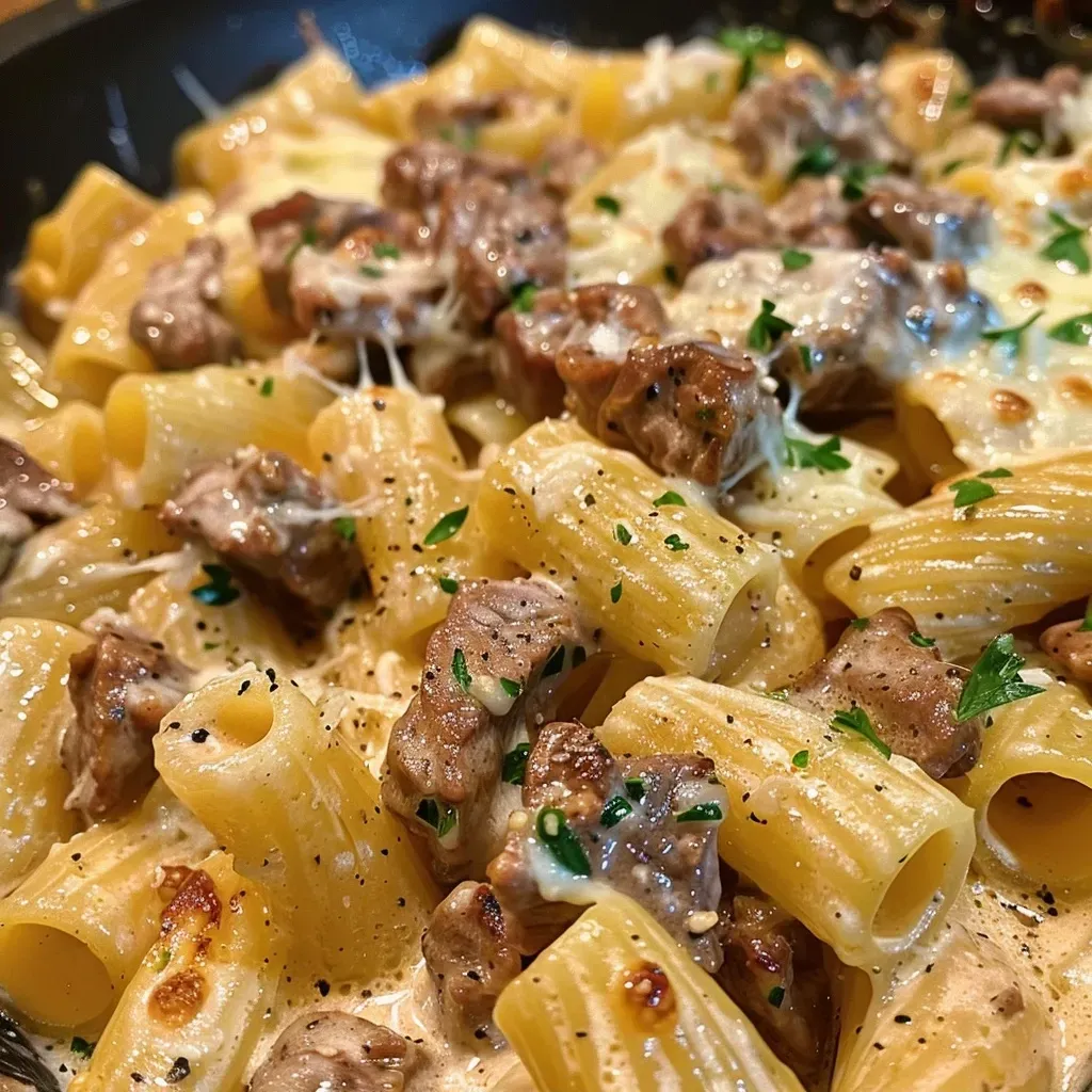['A close-up view of beef with rigatoni pasta in a creamy garlic sauce, garnished with fresh parsley.', 'Juicy beef pieces mixed with al dente rigatoni pasta, bathed in a rich creamy garlic sauce.', 'Delicious plate of pasta with beef and creamy garlic sauce, showcasing a side view with vibrant colors.', 'A mouthwatering dish featuring rigatoni and beef in a creamy garlic sauce, topped with parsley.']