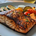 ['Close-up of a juicy blackened salmon fillet with crispy edges.', 'Side view of a perfectly cooked blackened salmon steak with spices.', 'Detailed image of blackened salmon garnished with vegetables and herbs.', 'Mouthwatering blackened salmon showcasing a rich, charred crust.']