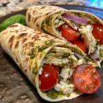 ['Close-up view of a Bruschetta Chicken Pesto Wrap with vibrant ingredients.', 'Juicy Bruschetta Chicken Pesto Wrap showcasing colorful toppings and sauce.', 'Side view of a Bruschetta Chicken Pesto Wrap filled with diced tomatoes and cheese.', 'Deliciously layered Bruschetta Chicken Pesto Wrap displaying fresh ingredients.']