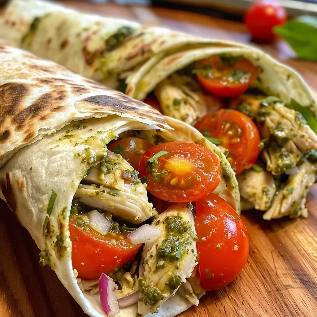 ['Close-up view of a Bruschetta Chicken Pesto Wrap with vibrant ingredients.', 'Juicy Bruschetta Chicken Pesto Wrap showcasing colorful toppings and sauce.', 'Side view of a Bruschetta Chicken Pesto Wrap filled with diced tomatoes and cheese.', 'Deliciously layered Bruschetta Chicken Pesto Wrap displaying fresh ingredients.']