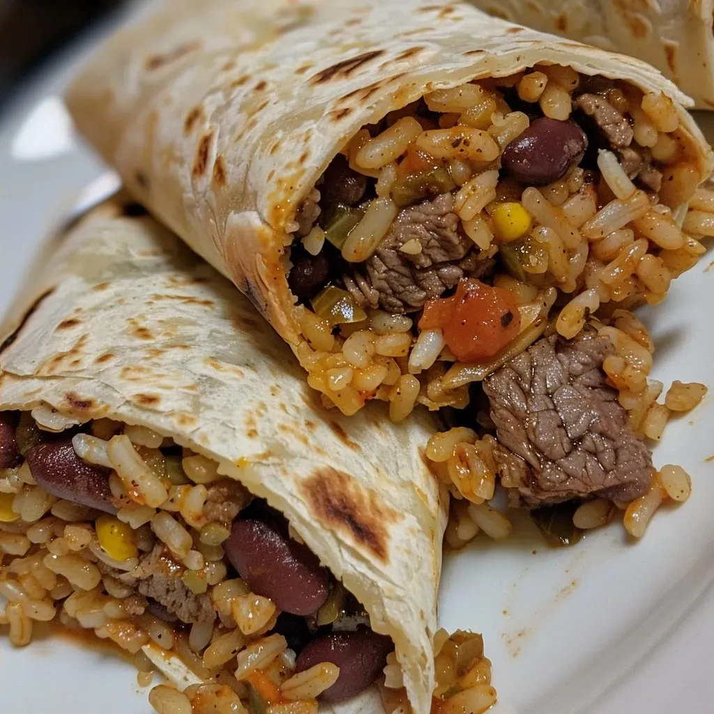 Juicy Cajun Beef and Bean Burrito, filled with beef and beans, wrapped in a warm tortilla.