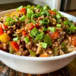 ['Close-up of a Cajun Beef Dirty Rice Bowl featuring ground beef and colorful vegetables.', 'Detailed view of a spicy Cajun beef rice dish, showcasing vibrant peppers and herbs.', 'Side view of a hearty Cajun Dirty Rice Bowl filled with beef, rice, and fresh garnishes.', 'Appetizing Cajun Beef Dirty Rice Bowl, highlighting juicy beef and a medley of diced vegetables.']
