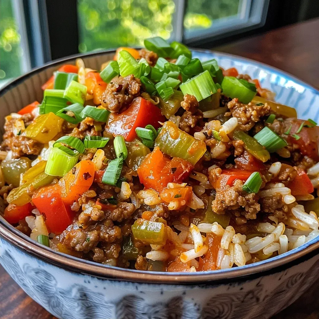 Close-up of a Cajun Beef Dirty Rice Bowl featuring ground beef and colorful vegetables.