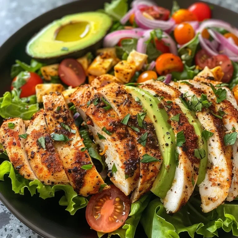 ['Close-up view of a colorful Cajun Chicken Salad topped with vibrant ingredients.', 'Juicy Cajun Chicken Salad featuring sliced chicken, mixed greens, and avocado.', 'Detailed presentation of a Cajun Chicken Salad with ranch dressing and fresh veggies.', 'Side view of a Cajun Chicken Salad showcasing cherry tomatoes and pepper jack cheese.']
