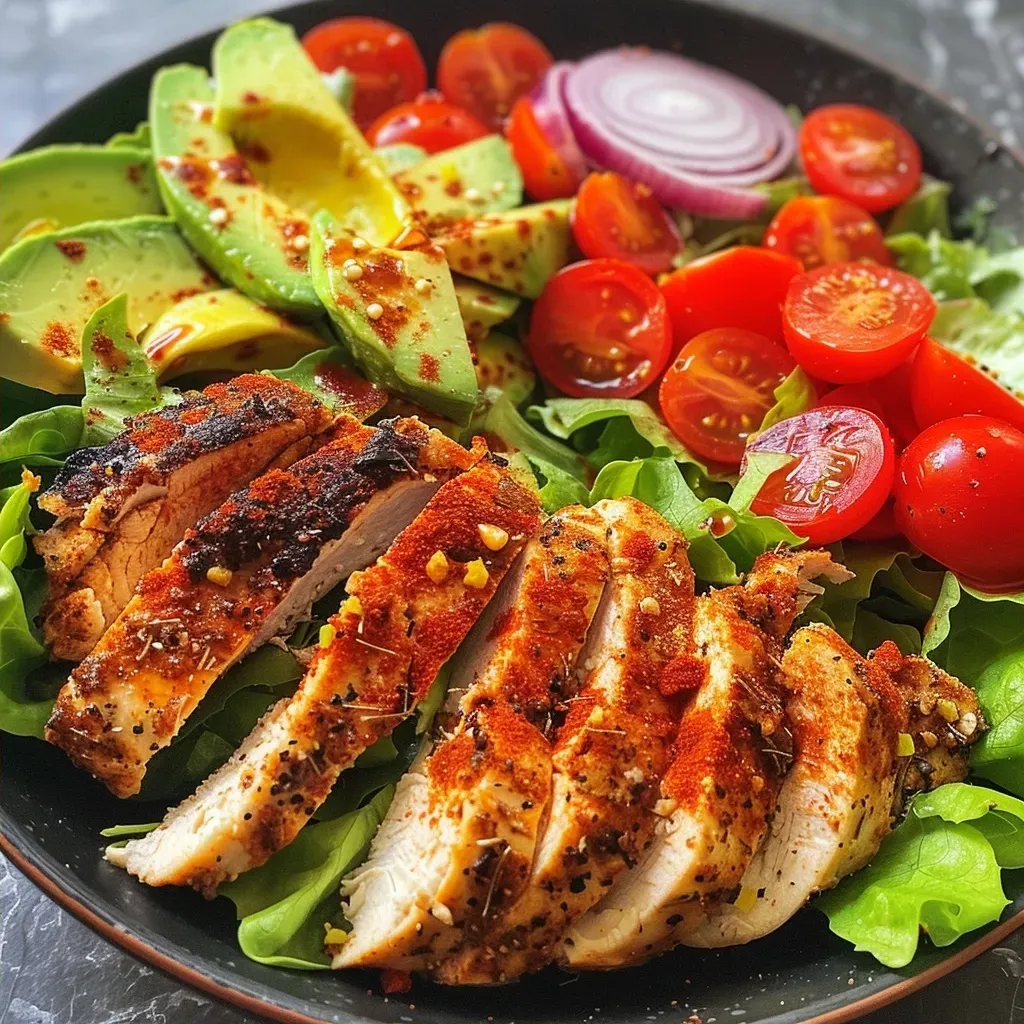 Close-up view of a colorful Cajun Chicken Salad topped with vibrant ingredients.