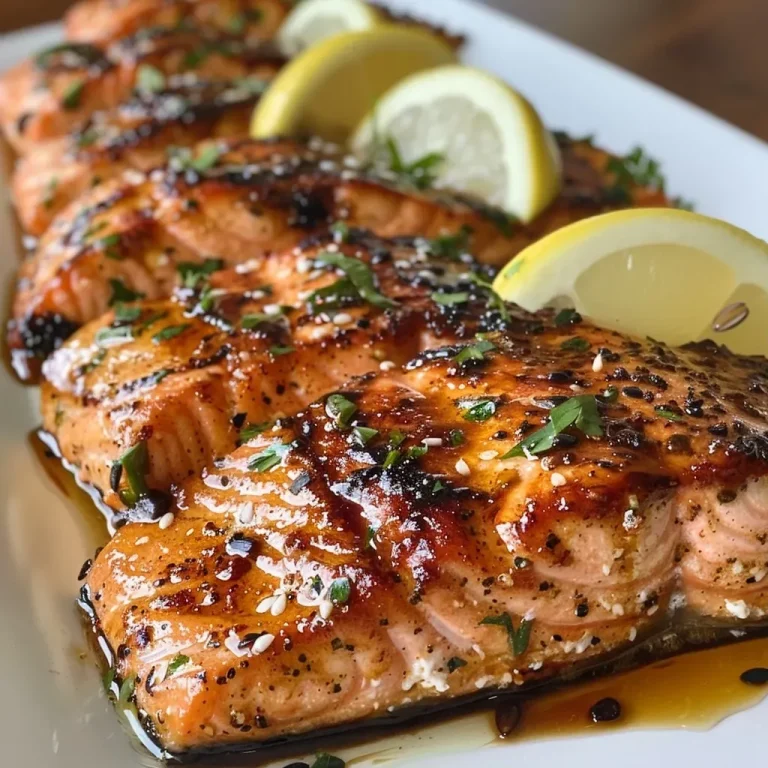 ['Close-up view of Cajun Honey Butter Salmon fillet drizzled with honey and garnished with parsley.', 'Juicy salmon fillet topped with Cajun seasoning and butter, served with lemon wedges.', 'Side view of salmon glazed with honey and spices, accompanied by black sesame seeds.', 'Delicious Cajun Honey Butter Salmon on a plate, showcasing its golden glaze and fresh herbs.']