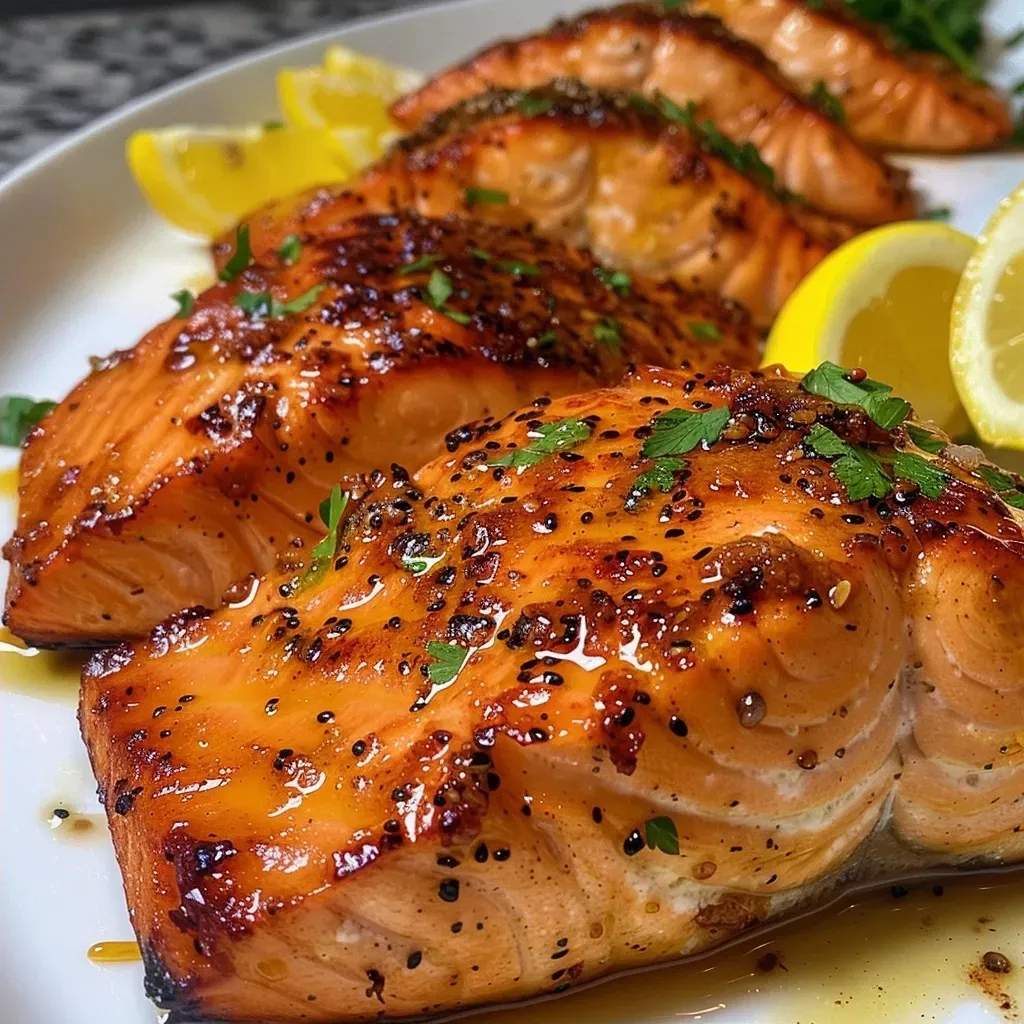 Close-up view of Cajun Honey Butter Salmon fillet drizzled with honey and garnished with parsley.