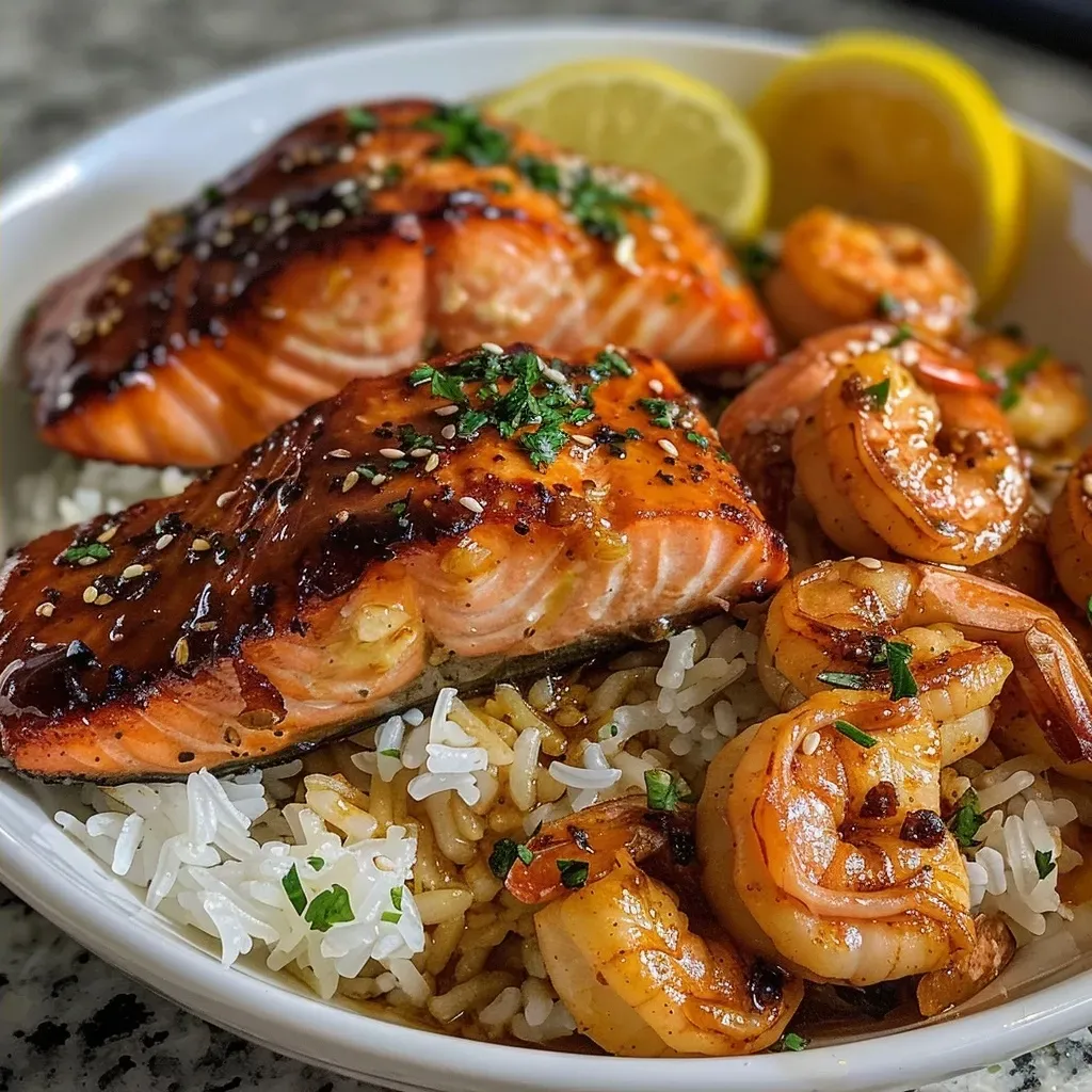 ['A close-up view of a Cajun Honey Garlic Salmon and Shrimp Rice Bowl featuring vibrant colors and textures.', 'A side view of a delicious rice bowl with juicy salmon and shrimp, garnished with parsley and lemon wedges.', 'A detailed shot of a salmon and shrimp rice bowl, showcasing glistening honey garlic sauce over jasmine rice.', 'A visually appealing bowl of Cajun Honey Garlic Salmon and Shrimp, with bright ingredients and rich colors.']