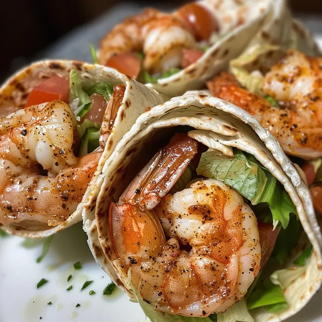 ['Close-up side view of Cajun Parmesan shrimp wraps filled with shrimp, lettuce, and tomatoes.', 'Juicy Cajun Parmesan shrimp wraps displayed on a plate, showcasing vibrant ingredients.', 'Side view of flour tortillas wrapped around Cajun-seasoned shrimp, garnished with lettuce and tomatoes.', 'Delicious Cajun Parmesan shrimp wraps with shrimp, lettuce, and a creamy sauce, ready to eat.']