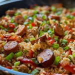 ['A vibrant Cajun Rice and Sausage Skillet featuring sliced sausage, bell peppers, and rice.', 'Close-up of a hearty skillet meal with colorful vegetables and sausage on a wooden surface.', 'Juicy rice and sausage dish garnished with green onions, captured in a side view.', 'A delicious Cajun Rice and Sausage Skillet showcasing cooked ingredients in a pan.']