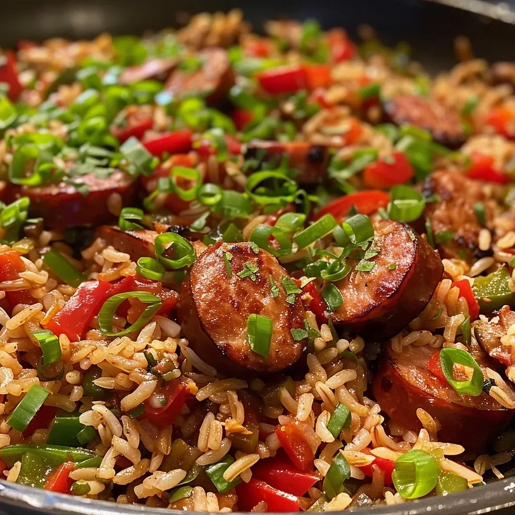 ['A vibrant Cajun Rice and Sausage Skillet featuring sliced sausage, bell peppers, and rice.', 'Close-up of a hearty skillet meal with colorful vegetables and sausage on a wooden surface.', 'Juicy rice and sausage dish garnished with green onions, captured in a side view.', 'A delicious Cajun Rice and Sausage Skillet showcasing cooked ingredients in a pan.']