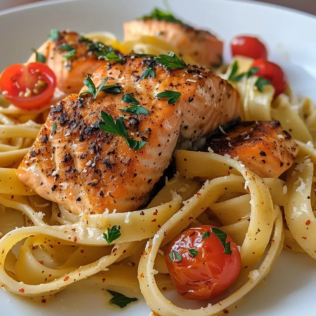 ['A close-up view of creamy Cajun salmon pasta with vibrant spinach and cherry tomatoes.', 'Side view of a plate filled with buttery Cajun salmon pasta garnished with parsley.', 'Juicy salmon fillets on a bed of fettuccine in a rich creamy sauce, accented by fresh vegetables.', 'A delicious dish of Cajun salmon pasta, showcasing the colorful ingredients and sauce.']