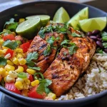 ['Close-up view of a vibrant Cajun Salmon Rice Bowl with colorful ingredients.', 'Side view of a rice bowl featuring Cajun salmon, brown rice, and vegetables.', 'Juicy Cajun salmon with a mix of rice, bell pepper, corn, and black beans.', 'A delicious Cajun salmon rice bowl garnished with cilantro and lime wedges.']