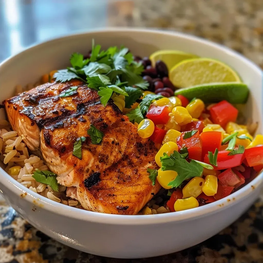Close-up view of a vibrant Cajun Salmon Rice Bowl with colorful ingredients.