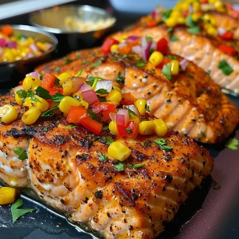 ['Close-up of Cajun salmon fillet topped with corn salsa.', 'Juicy Cajun salmon served with vibrant corn salsa on the side.', 'Side view of a plated Cajun salmon with a colorful corn salsa garnish.', 'Deliciously cooked Cajun salmon accompanied by a fresh corn salsa.']