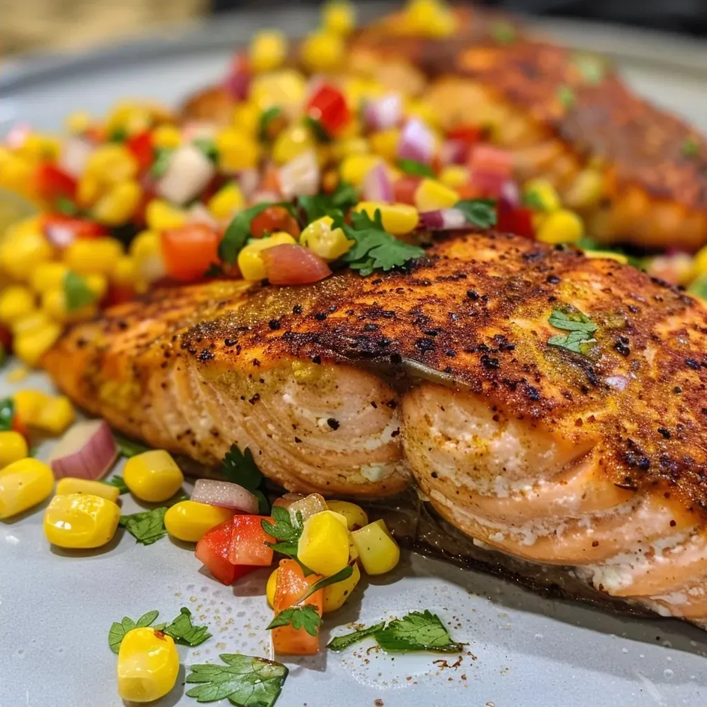 Close-up of Cajun salmon fillet topped with corn salsa.