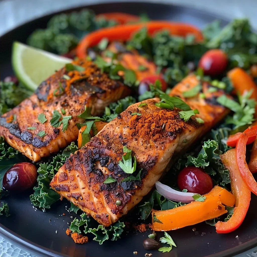 A close-up side view of juicy Cajun salmon on a plate.