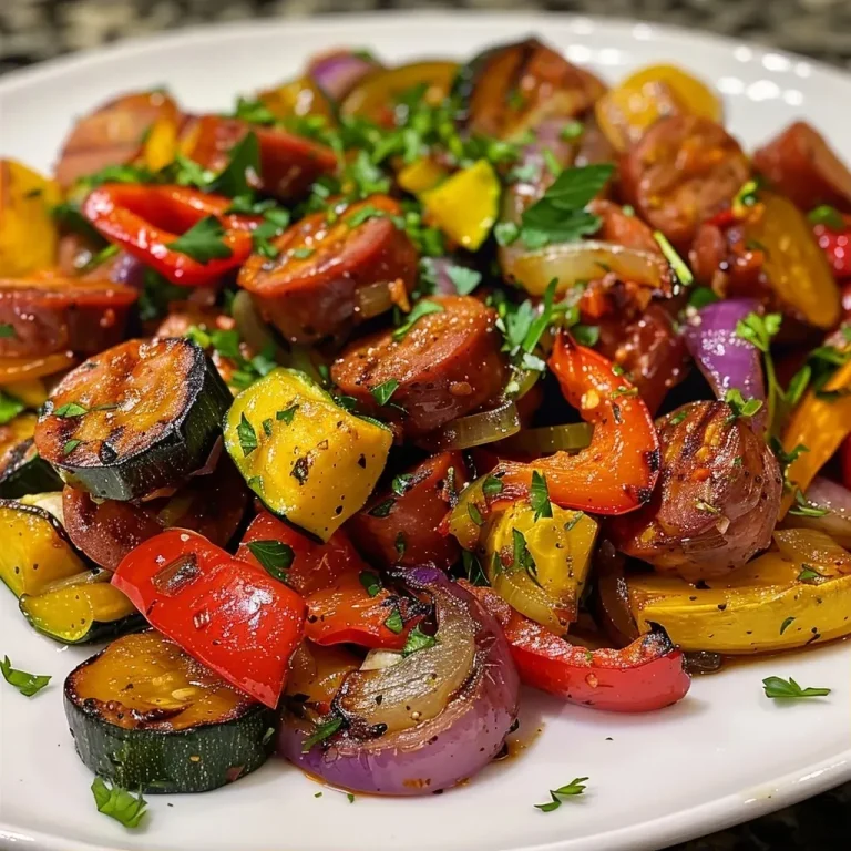 ['Close-up view of juicy Cajun sausage and mixed vegetables in a vibrant arrangement.', 'Delicious Cajun sausage alongside colorful zucchini, bell pepper, and onion.', 'Side view of cooked Cajun sausage with sautéed zucchini and yellow squash.', 'Tasty Cajun sausage with a medley of fresh vegetables in a vibrant display.']