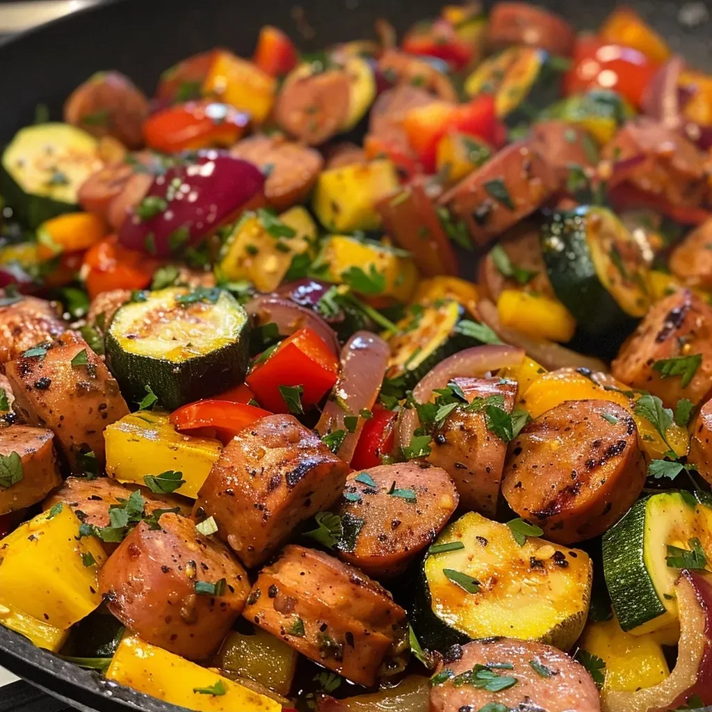 Close-up view of juicy Cajun sausage and mixed vegetables in a vibrant arrangement.
