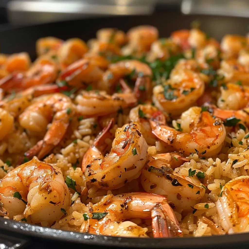 ['Close-up of a Cajun shrimp and rice skillet with vibrant shrimp and colorful spices.', 'Side view of a skillet filled with Cajun shrimp and rice, showcasing juicy shrimp and herbs.', 'Detailed shot of a Cajun shrimp and rice dish in a skillet, highlighting seasoning and textures.', 'Close-up view of a delicious Cajun shrimp and rice skillet brimming with ingredients.']