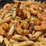 ['Close-up view of a plate of Cajun Shrimp Pasta with vibrant colors.', 'Juicy Cajun shrimp nestled within creamy penne pasta.', 'A side perspective of a delicious serving of Cajun shrimp pasta topped with parmesan.', 'Detailed shot of Cajun shrimp pasta, highlighting the shrimp and creamy sauce.']