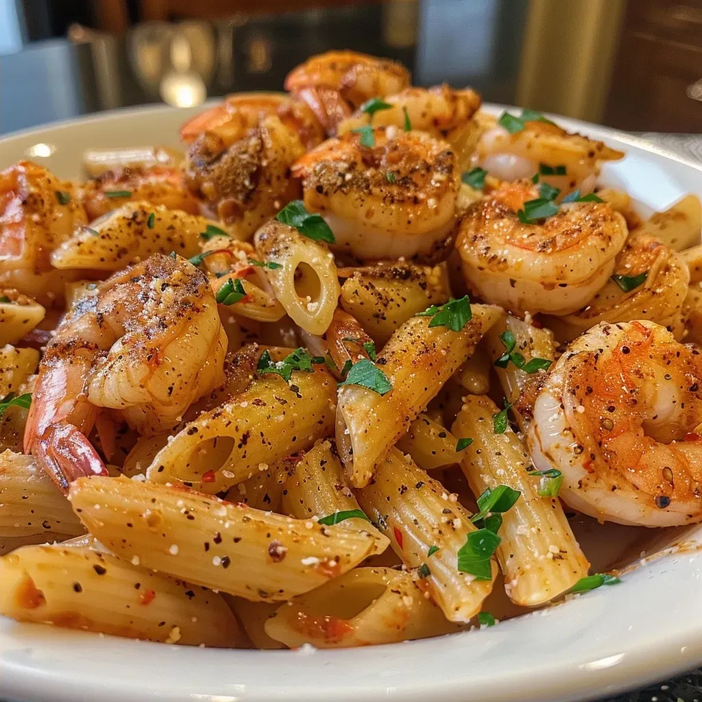 ['A close-up view of Cajun shrimp pasta, featuring vibrant shrimp and creamy sauce.', 'Juicy Cajun shrimp pasta with penne and a rich cream sauce, viewed from the side.', 'A side shot of a plate of Cajun shrimp pasta, showcasing succulent shrimp and herbs.', 'Delicious Cajun shrimp pasta in a creamy sauce, presented with a side angle.']