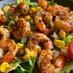 ['Close-up view of a vibrant Cajun shrimp salad with colorful ingredients.', 'Side angle of a delicious Cajun shrimp salad showcasing shrimp, corn, and cherry tomatoes.', 'Juicy Cajun shrimp salad arranged beautifully with mixed greens and fresh vegetables.', 'Detailed close-up of Cajun shrimp salad highlighting spices and shrimp on a plate.']