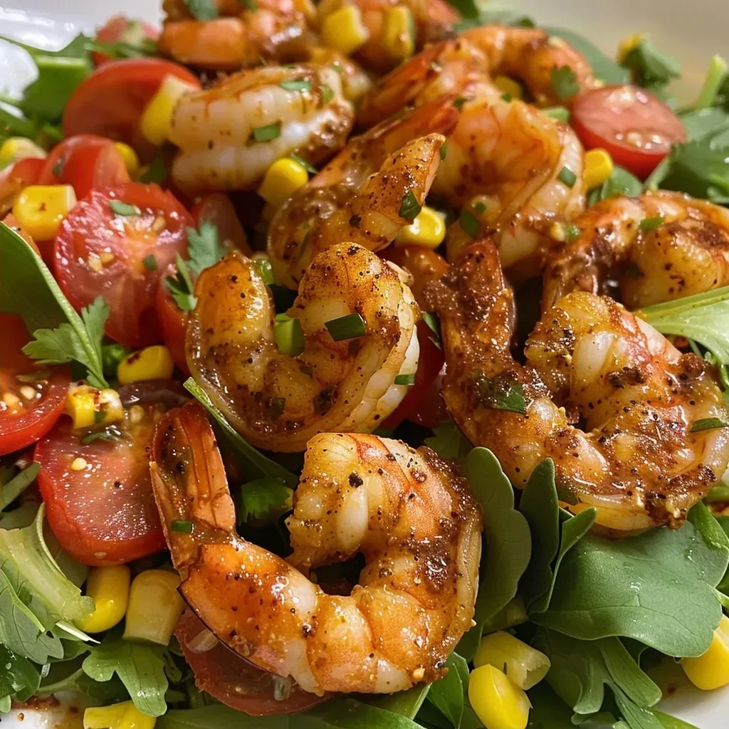 Close-up view of a vibrant Cajun shrimp salad with colorful ingredients.