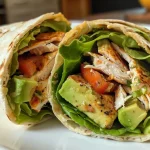 ['Close-up of a Cajun turkey avocado wrap, showcasing sliced ingredients and a tortilla.', 'Side view of a deliciously filled wrap with turkey, avocado, and lettuce on a wooden surface.', 'Juicy Cajun turkey and avocado wrap cut in half, revealing fresh ingredients inside.', 'Detailed shot of a tortilla wrap filled with Cajun turkey, avocado slices, and lettuce.']