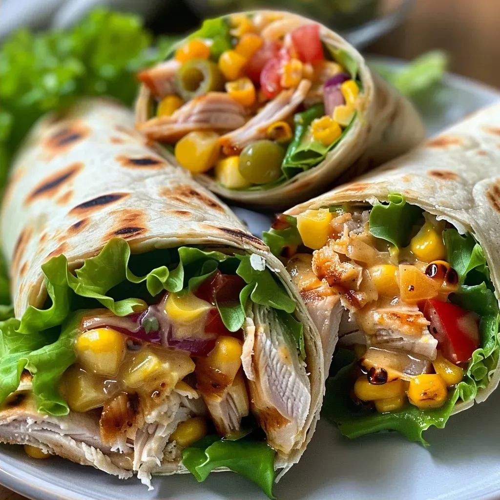 ['Close-up view of a Cajun Turkey Wrap showcasing fresh ingredients.', 'Side view of a colorful Cajun Turkey Wrap with vibrant fillings.', 'Juicy Cajun Turkey Wrap featuring lettuce, tomato, and pickled onions.', 'Appetizing Cajun Turkey Wrap on a plate highlighting layers of ingredients.']
