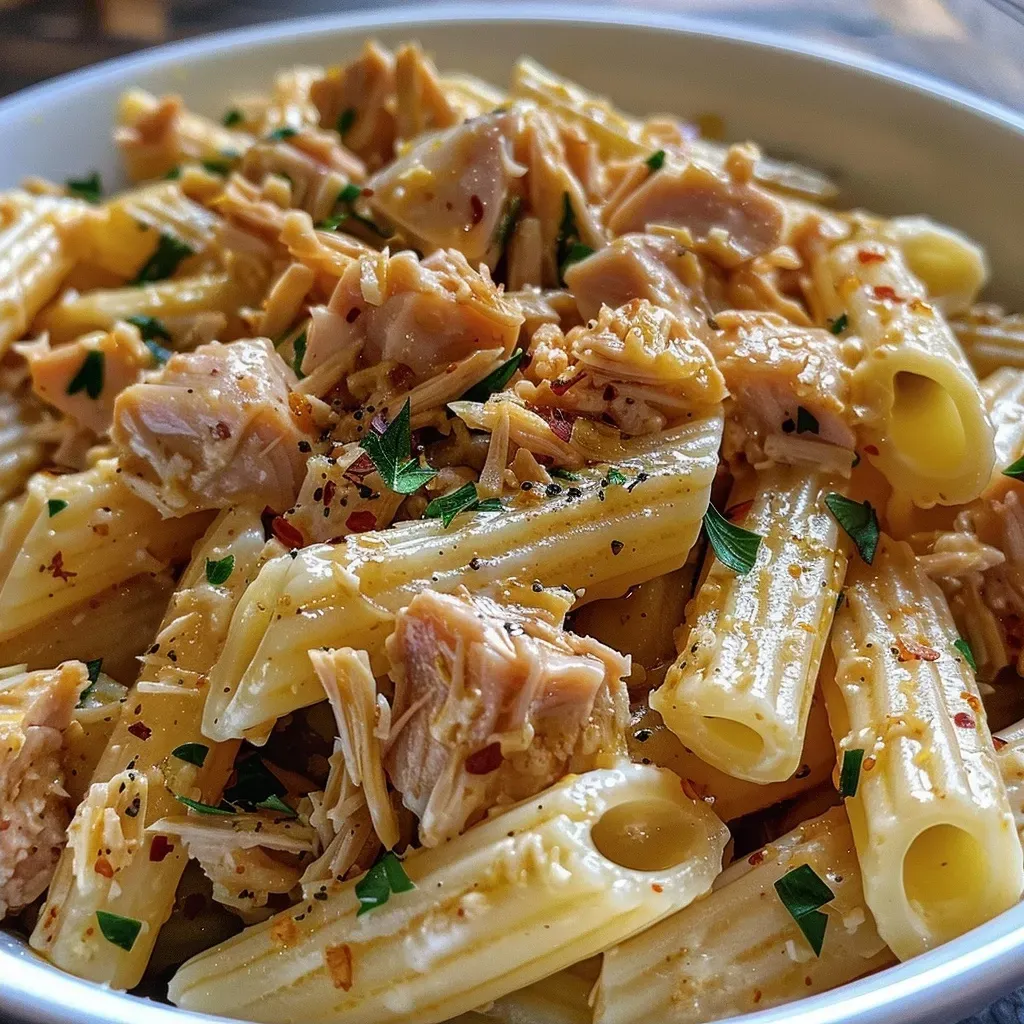 A close-up of a steaming bowl of pasta with chunks of tuna, garnished with herbs.