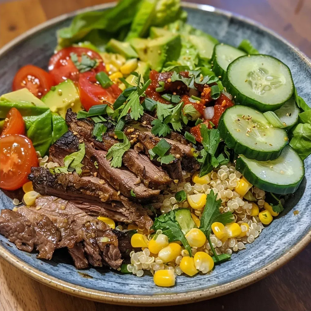 A close-up view of a Carne Asada Quinoa Bowl featuring grilled beef and fresh vegetables.