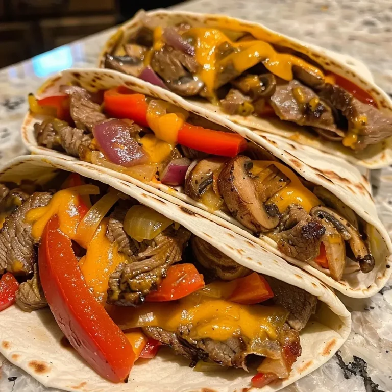 ['Close-up of cheesy protein cheesesteak wraps filled with sliced steak, colorful bell peppers, onions, and mushrooms.', 'Juicy cheesesteak wraps featuring thinly sliced steak, melted provolone cheese, and vibrant vegetables, presented on a plate.', 'Side view of protein-packed cheesy wraps with steak, peppers, onions, and mushrooms, showcasing a layer of gooey cheese.', 'Deliciously filled cheesesteak wraps, highlighting fresh ingredients like steak, cottage cheese, and assorted vegetables.']