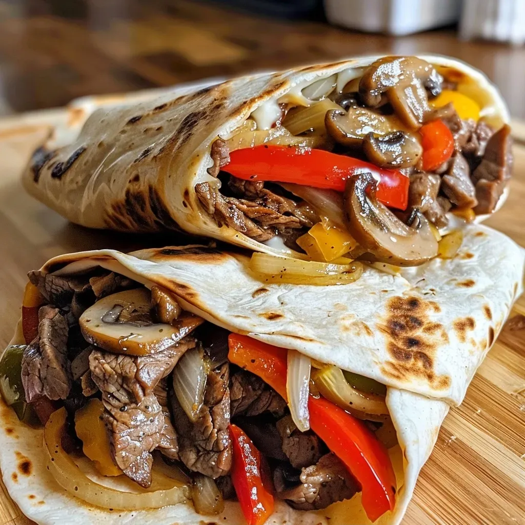 Close-up of cheesy protein cheesesteak wraps filled with sliced steak, colorful bell peppers, onions, and mushrooms.