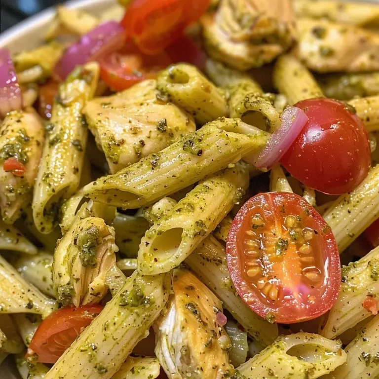 ['Close-up shot of a vibrant Chicken Pesto Pasta Salad featuring penne, chicken, and colorful tomatoes.', 'Side view of a delicious Chicken Pesto Pasta Salad, showcasing fresh ingredients and a creamy pesto dressing.', 'Juicy Chicken Pesto Pasta Salad with halved tomatoes and chopped red onion, captured in a close-up format.', 'Detailed view of a bowl filled with Chicken Pesto Pasta Salad, highlighting the texture of the pasta and ingredients.']