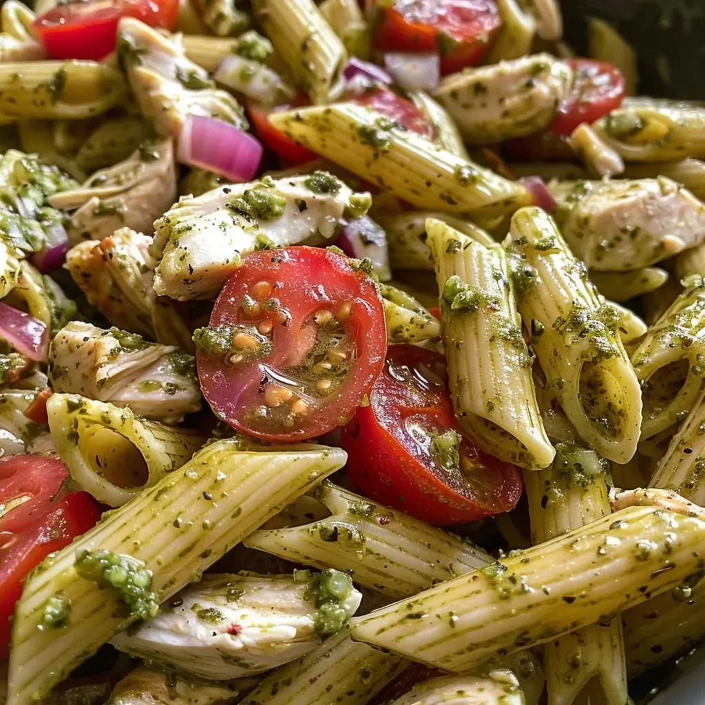 ['Close-up shot of a vibrant Chicken Pesto Pasta Salad featuring penne, chicken, and colorful tomatoes.', 'Side view of a delicious Chicken Pesto Pasta Salad, showcasing fresh ingredients and a creamy pesto dressing.', 'Juicy Chicken Pesto Pasta Salad with halved tomatoes and chopped red onion, captured in a close-up format.', 'Detailed view of a bowl filled with Chicken Pesto Pasta Salad, highlighting the texture of the pasta and ingredients.']