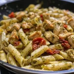 ['Close-up view of Chicken Pesto Pasta in a bowl, showcasing juicy chicken and vibrant ingredients.', 'Side view of Chicken Pesto Pasta with chicken breast, pesto, and colorful vegetables.', 'Detailed shot of Chicken Pesto Pasta, highlighting creamy sauce and sundried tomatoes.', 'Juicy Chicken Pesto Pasta displayed in a bowl, garnished with fresh basil leaves.']
