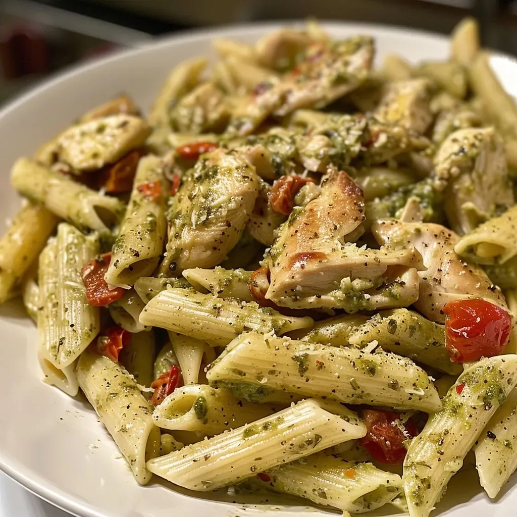 ['Close-up view of Chicken Pesto Pasta in a bowl, showcasing juicy chicken and vibrant ingredients.', 'Side view of Chicken Pesto Pasta with chicken breast, pesto, and colorful vegetables.', 'Detailed shot of Chicken Pesto Pasta, highlighting creamy sauce and sundried tomatoes.', 'Juicy Chicken Pesto Pasta displayed in a bowl, garnished with fresh basil leaves.']