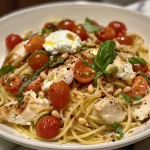 ['A close-up view of Chicken Spaghetti topped with Burrata and lemon slices.', 'Juicy Chicken Spaghetti with melted Burrata and a drizzle of lemon butter sauce.', 'A side view of a bowl filled with Chicken Spaghetti, creamy Burrata, and fresh basil.', 'A vibrant plate of Chicken Spaghetti featuring cherry tomatoes and garlic sauce.']