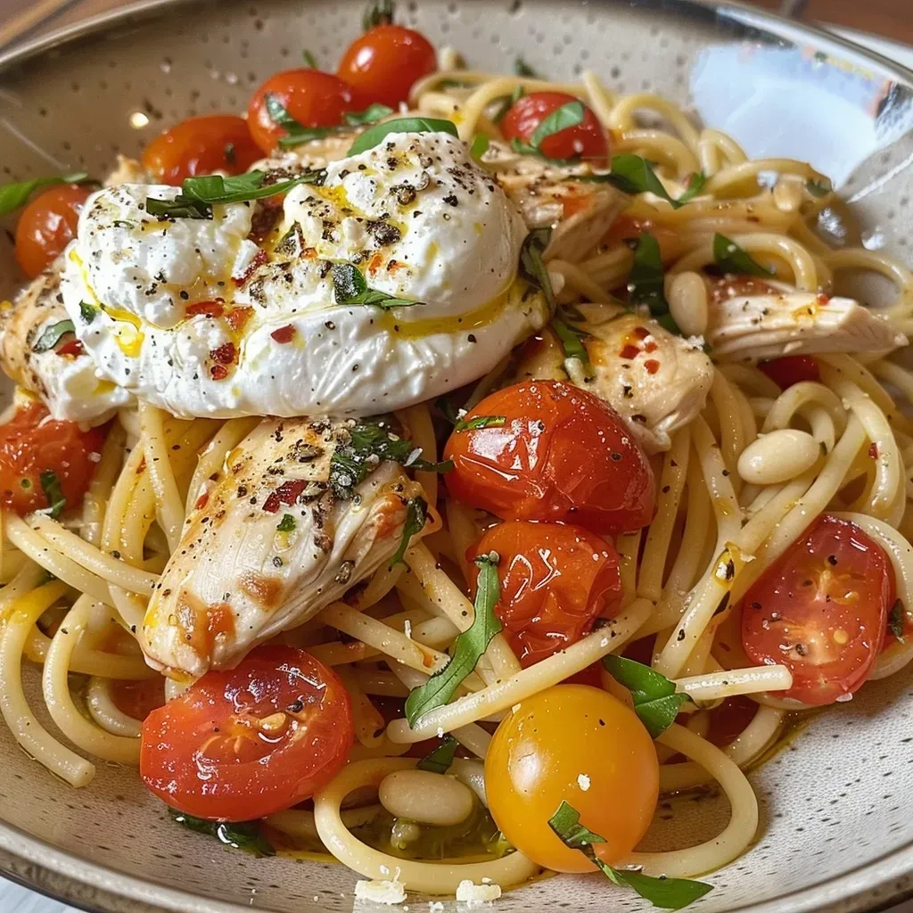 ['A close-up view of Chicken Spaghetti topped with Burrata and lemon slices.', 'Juicy Chicken Spaghetti with melted Burrata and a drizzle of lemon butter sauce.', 'A side view of a bowl filled with Chicken Spaghetti, creamy Burrata, and fresh basil.', 'A vibrant plate of Chicken Spaghetti featuring cherry tomatoes and garlic sauce.']