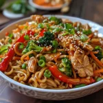 ['Close-up view of Chicken Teriyaki Noodles with vibrant vegetables and tender chicken pieces.', 'Juicy Chicken Teriyaki Noodles served in a bowl, topped with broccoli and carrots.', 'Side view of Chicken Teriyaki Noodles showcasing the rich sauce and fresh ingredients.', 'A colorful dish of Chicken Teriyaki Noodles featuring udon noodles and sliced chicken.']