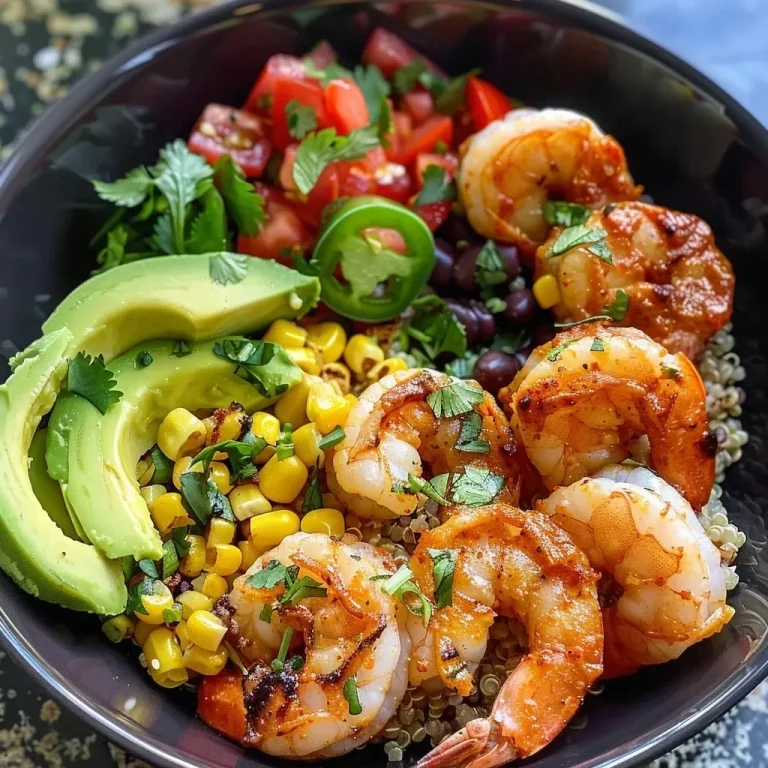 ['A colorful bowl filled with quinoa, shrimp, avocado, and fresh vegetables.', 'Close-up view of chili lime shrimp quinoa bowl showcasing vibrant ingredients.', 'A serving of quinoa topped with sautéed shrimp, diced avocado, and tomatoes.', 'A delicious bowl of chili lime shrimp with quinoa and garnishes.']