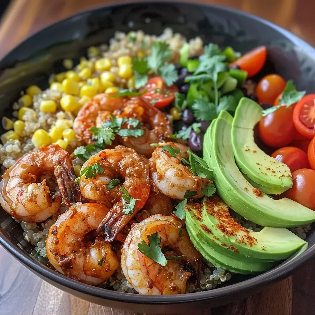 ['A colorful bowl filled with quinoa, shrimp, avocado, and fresh vegetables.', 'Close-up view of chili lime shrimp quinoa bowl showcasing vibrant ingredients.', 'A serving of quinoa topped with sautéed shrimp, diced avocado, and tomatoes.', 'A delicious bowl of chili lime shrimp with quinoa and garnishes.']